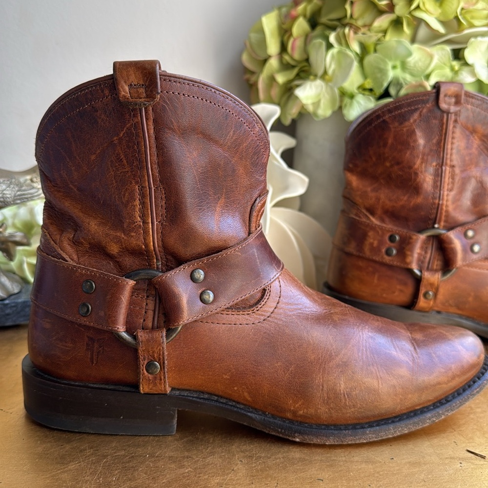 Frye Wyatt Harness Distressed Short Boot in Cognac Leather